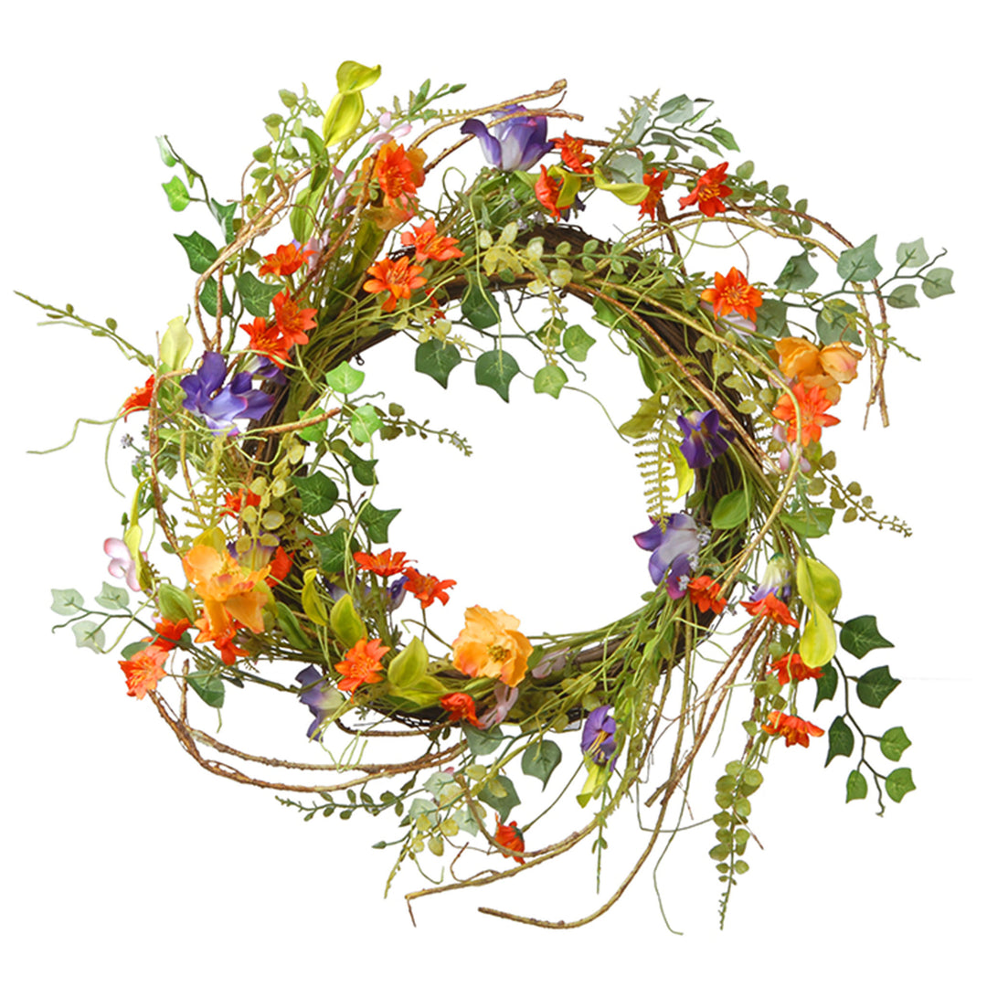 Artificial Hanging Wreath, Woven Branch Base, Decorated with Assorted Flowers, Leafy Greens, Spring Collection, 22 Inches