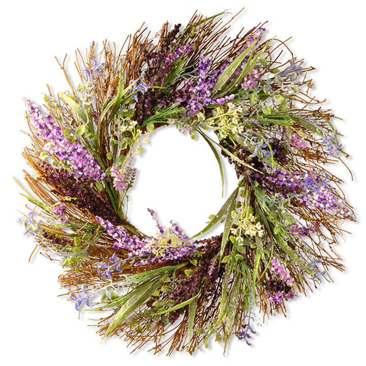 Artificial Hanging Wreath, Woven Vine Base, Decorated with Mixed Leaves, Seed Pods, Spring Collection, 22 Inches