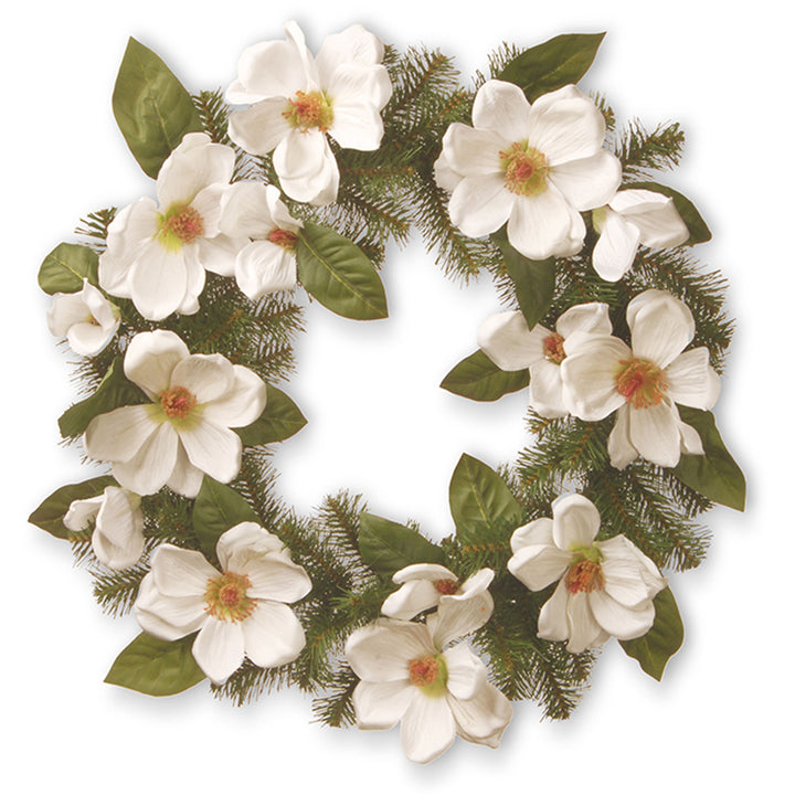 Artificial Hanging Wreath, Evergreen Branch Base, Decorated with Magnolias, North Valley Spruce Branches, Leaves, Spring Collection, 24 Inches