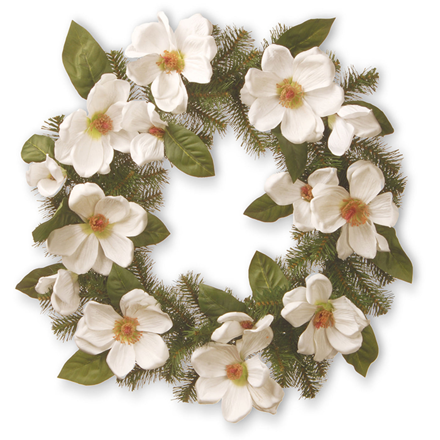 24 in. Spring Wreath with North Valley Spruce Magnolia Flower Blooms - National Tree Company