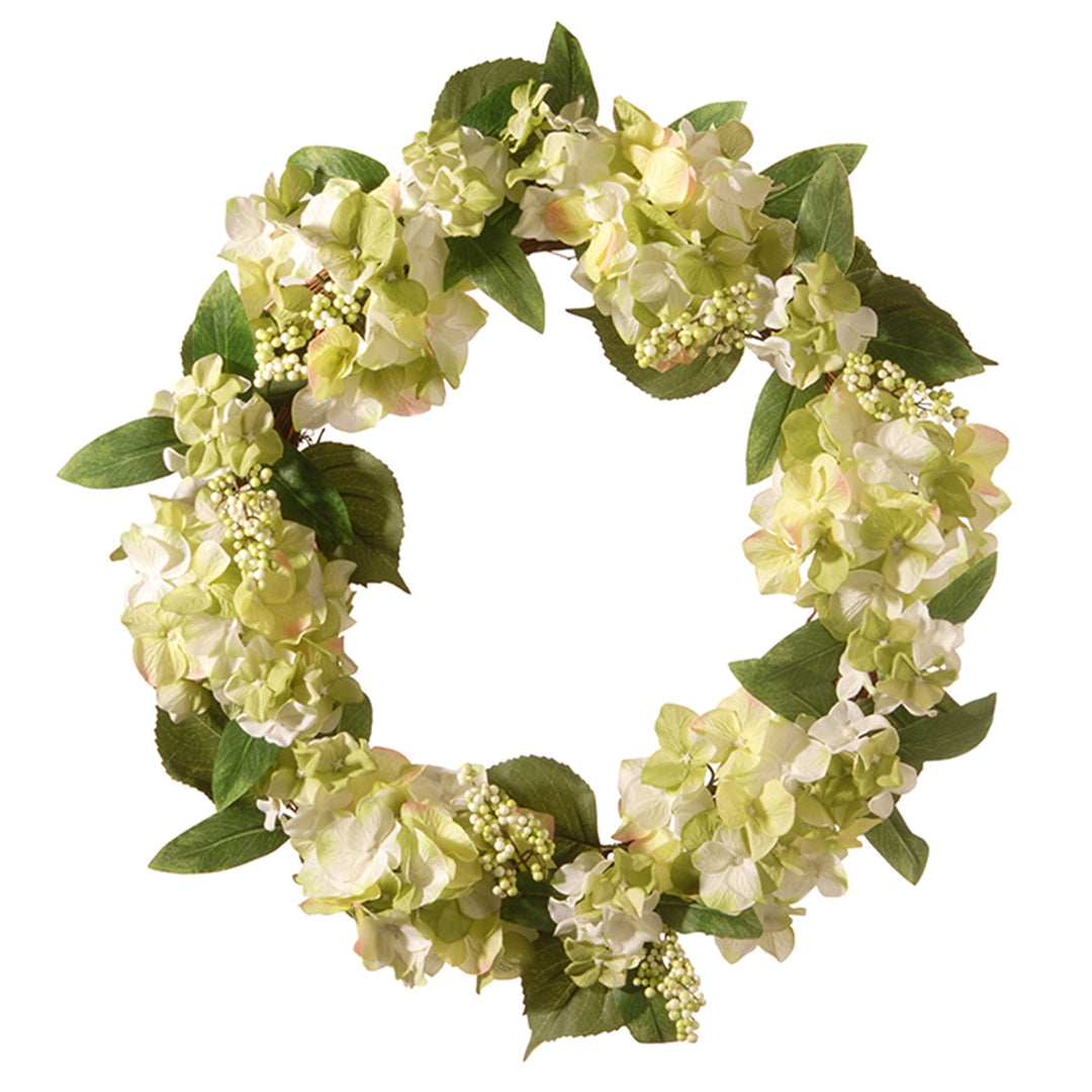 Artificial Hanging Wreath, Green, Woven Vine Stem Base, Decorated with Hydrangea Blooms, Berry Clusters, Leafy Greens, Spring Collection, 24 Inches
