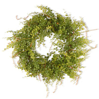 Artificial Hanging Wreath, Green, Woven Branch Base, Decorated with Boxwood Flowers, Spring Collection, 22 Inches - National Tree Company