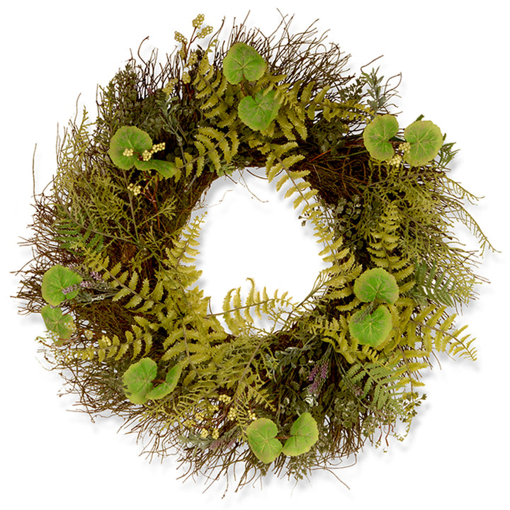 Artificial Hanging Wreath, Green, Woven Branch Base, Decorated with Fern Leaves, Lavender, Leafy Greens, Spring Collection, 24 Inches