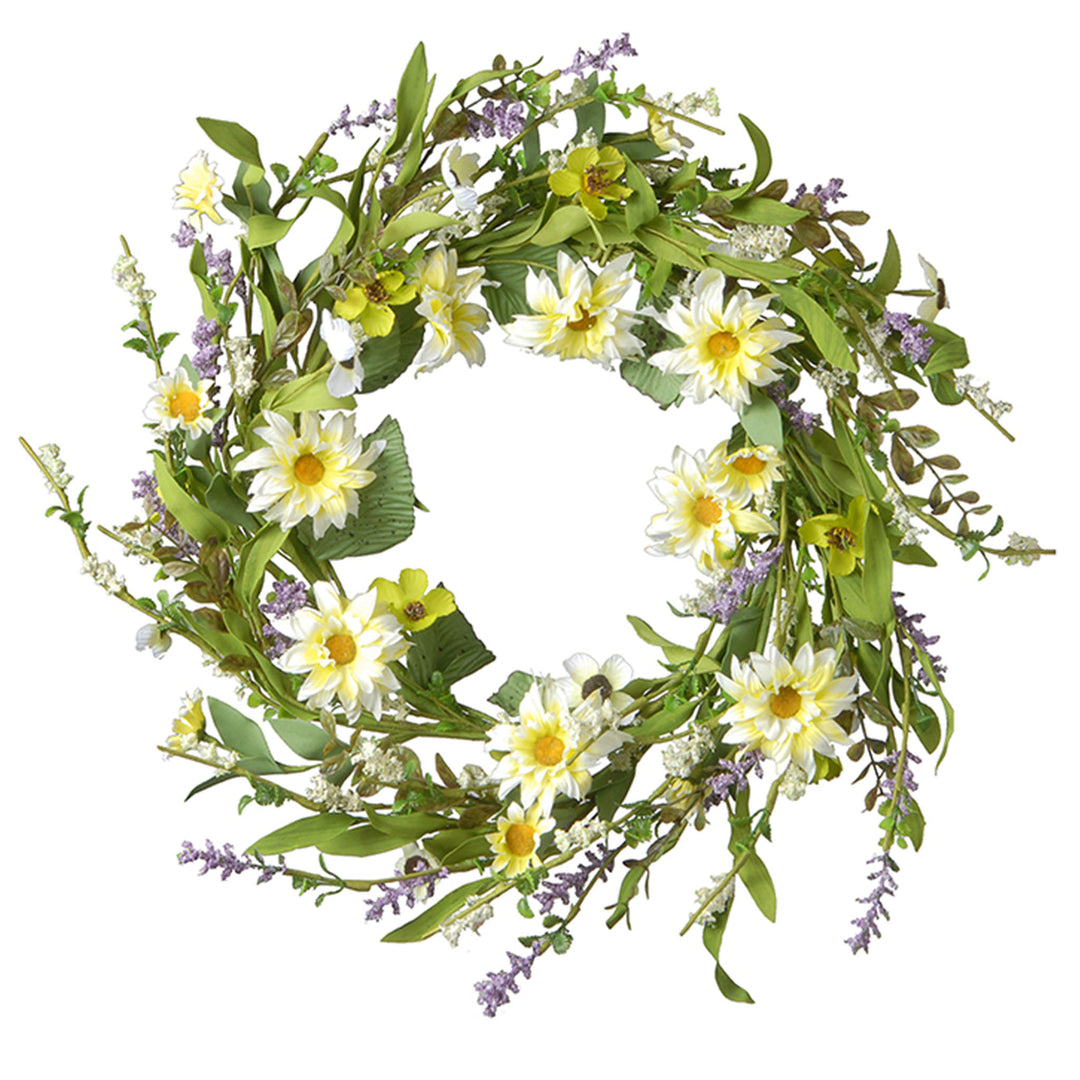 National Tree Company Artificial Hanging Wreath, Green, Yellow Daisy, Woven Vine Stem, Decorated with White Flower Blooms, Lavender, Leafy Greens, Spring Collection, 20 Inches