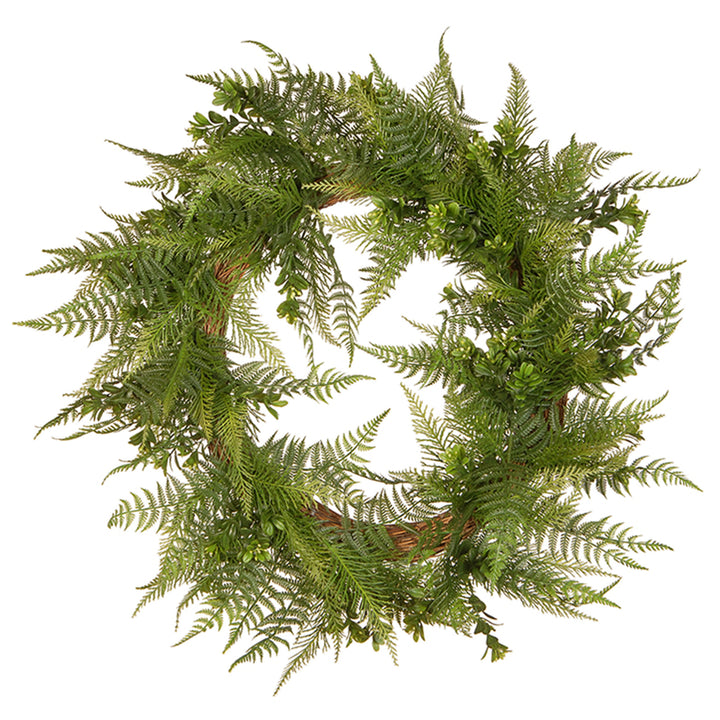 Artificial Hanging Wreath, Green, Boston Fern, Woven Branch Base, Decorated with Fern Leaves, Spring Collection, 22 Inches