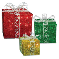 10 in., 12 in., 15 in. Gift Box Set with Bow and Twinkling LED Lights - National Tree Company