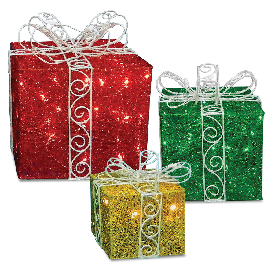 10 in., 12 in., 15 in. Gift Box Set with Bow and Twinkling LED Lights - National Tree Company