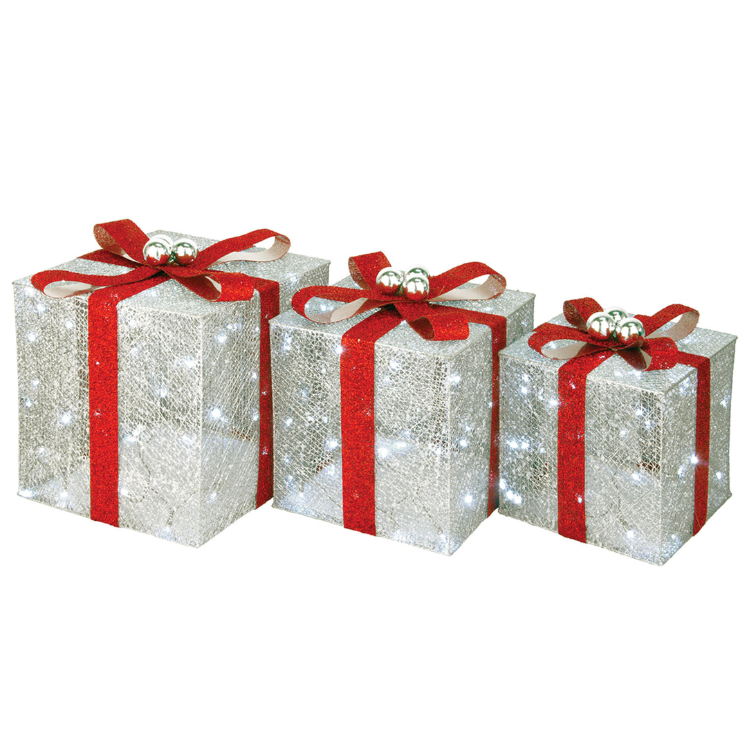 Pre-Lit Silver Gift Boxes, Set of Three, White Lights, Christmas Collection
