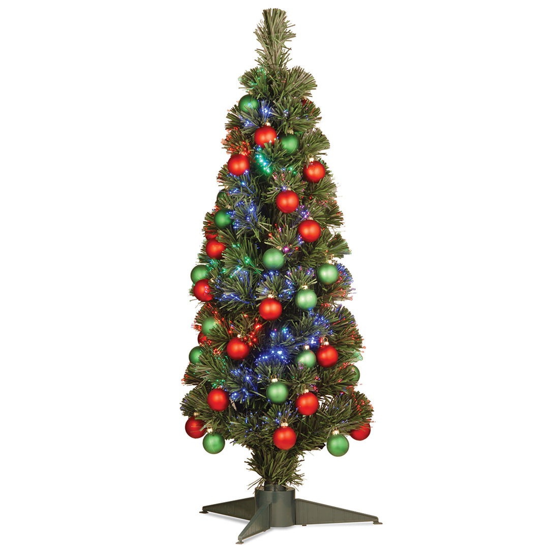 Artificial Christmas Tree, Green, Evergreen, Fiber Optic, Decorated with Ball Ornaments, Includes Base, 3 Feet