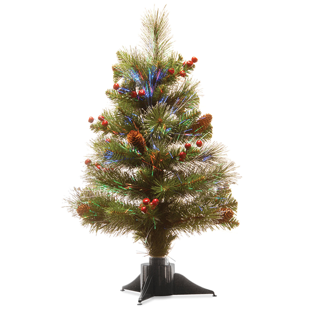 Pre-Lit Artificial Mini Christmas Tree, Green, Crestwood Spruce, Fiber Optic, Decorated with Pine Cones, Berry Clusters, Frosted Branches, Includes Stand, 20 Inches