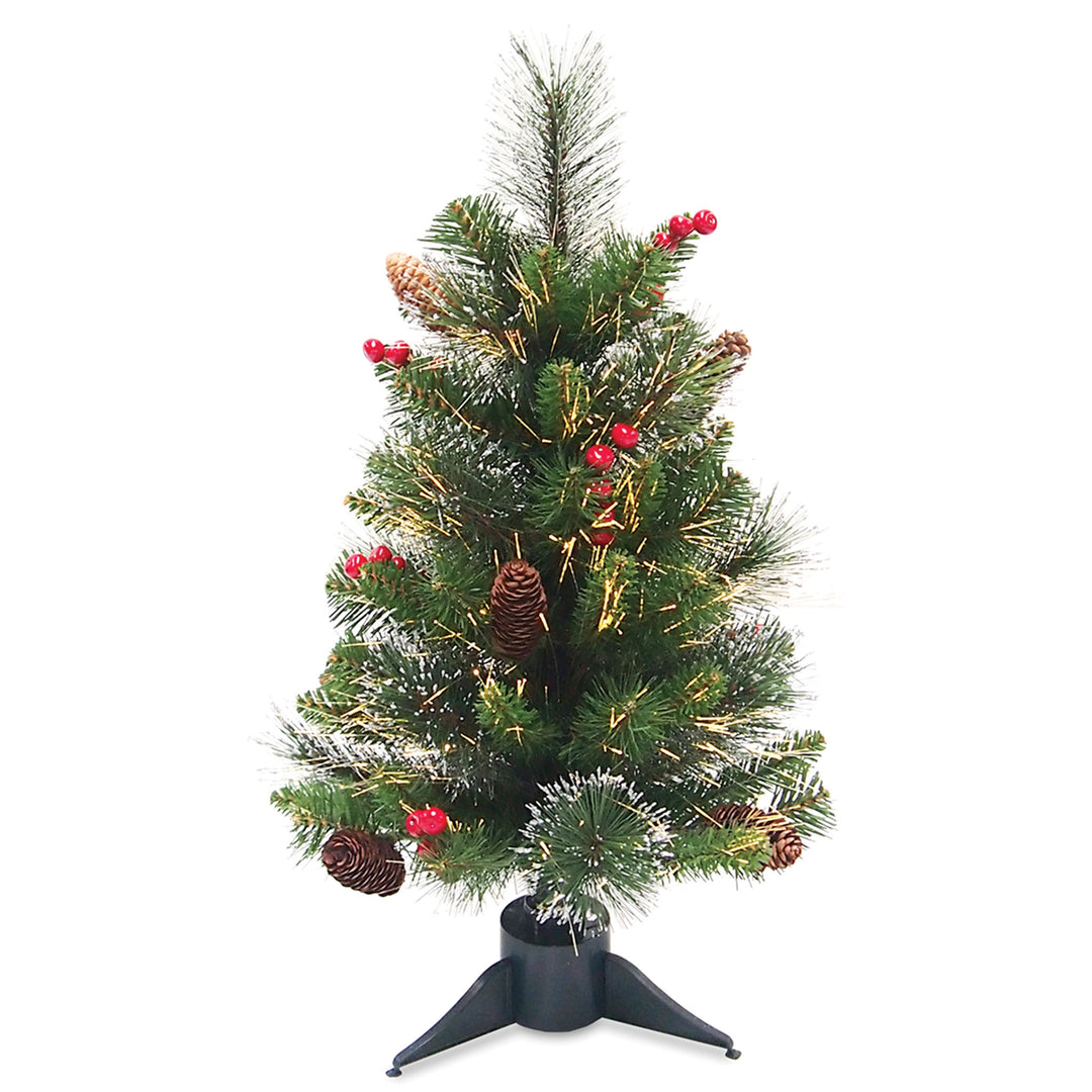Artificial Mini Christmas Tree, Green, Crestwood Spruce, Fiber Optic, Decorated with Pine Cones, Berry Clusters, Frosted Branches, Includes Stand, 2 Feet