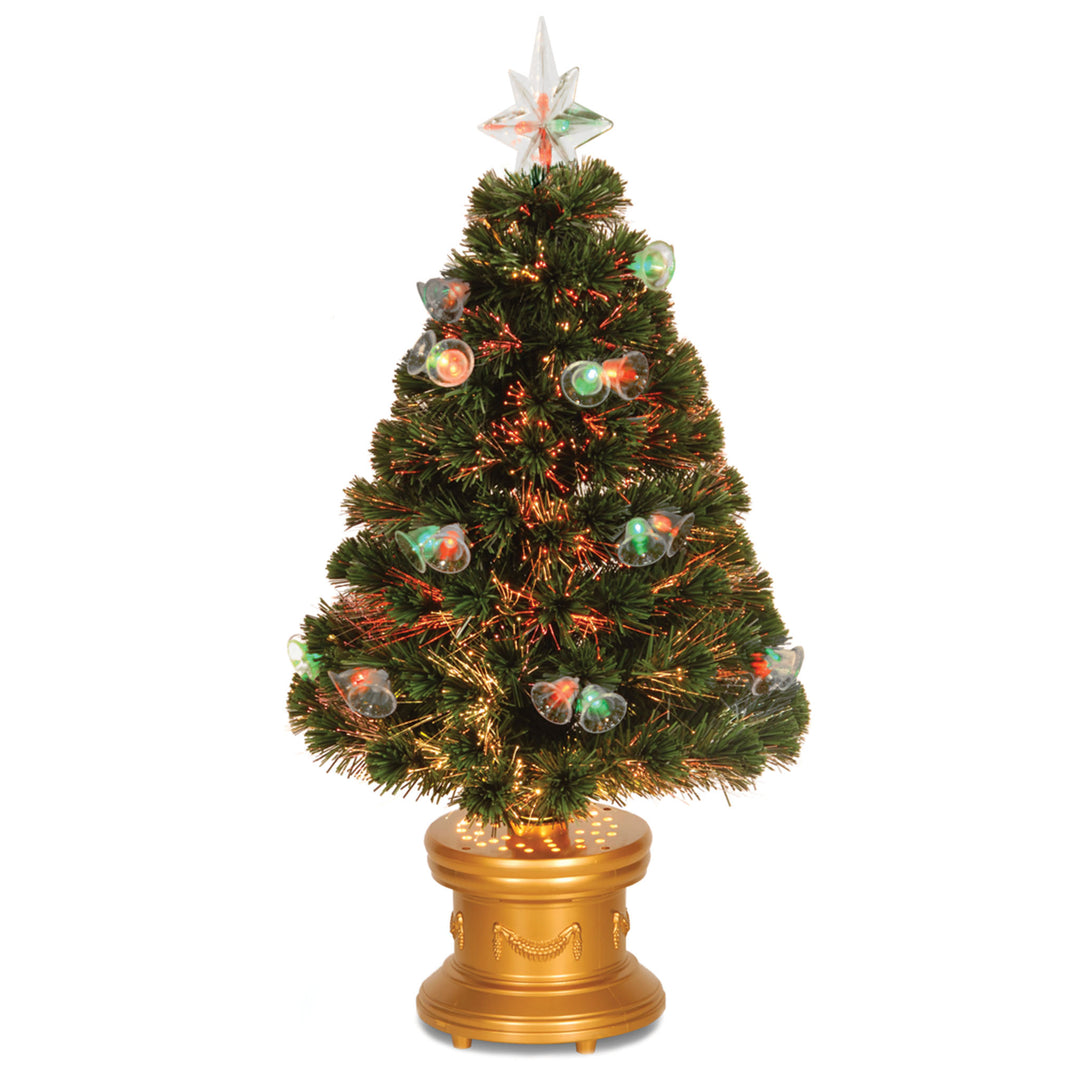 Artificial Christmas Tree, Green, Evergreen, Fiber Optic, Decorated with Bells, Includes Base, 3 Feet