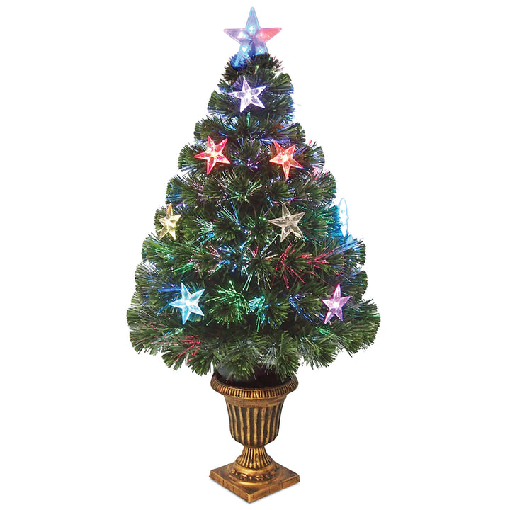 Artificial Christmas Tree, Green, Evergreen, Fiber Optic, Decorated with Stars, Includes Base, 3 Feet