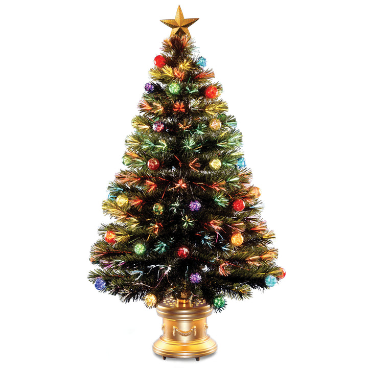 Artificial Christmas Tree, Green, Evergreen, Fiber Optic, Decorated with Star, Ball Ornaments, Includes Base, 4 Feet