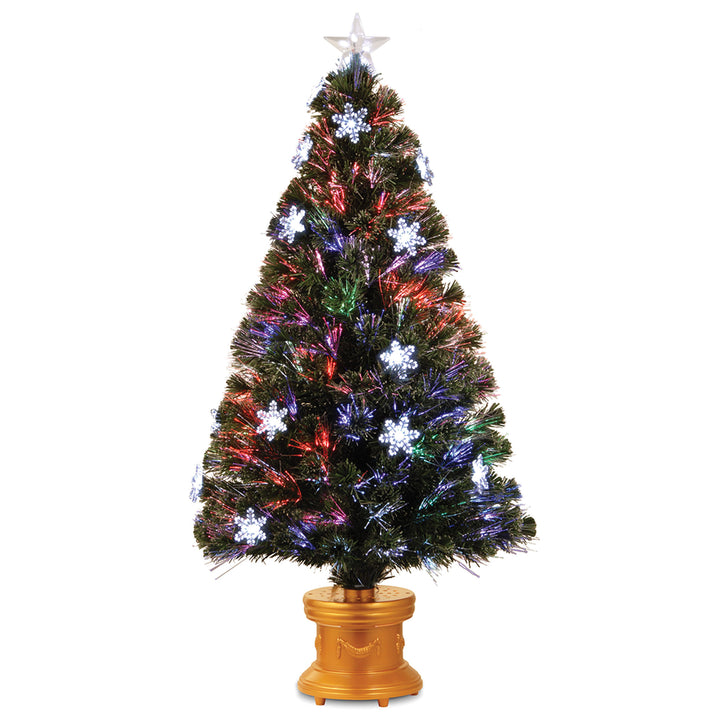Artificial Christmas Tree, Green, Evergreen, Fiber Optic, Decorated with Snowflakes, Includes Base, 4 Feet