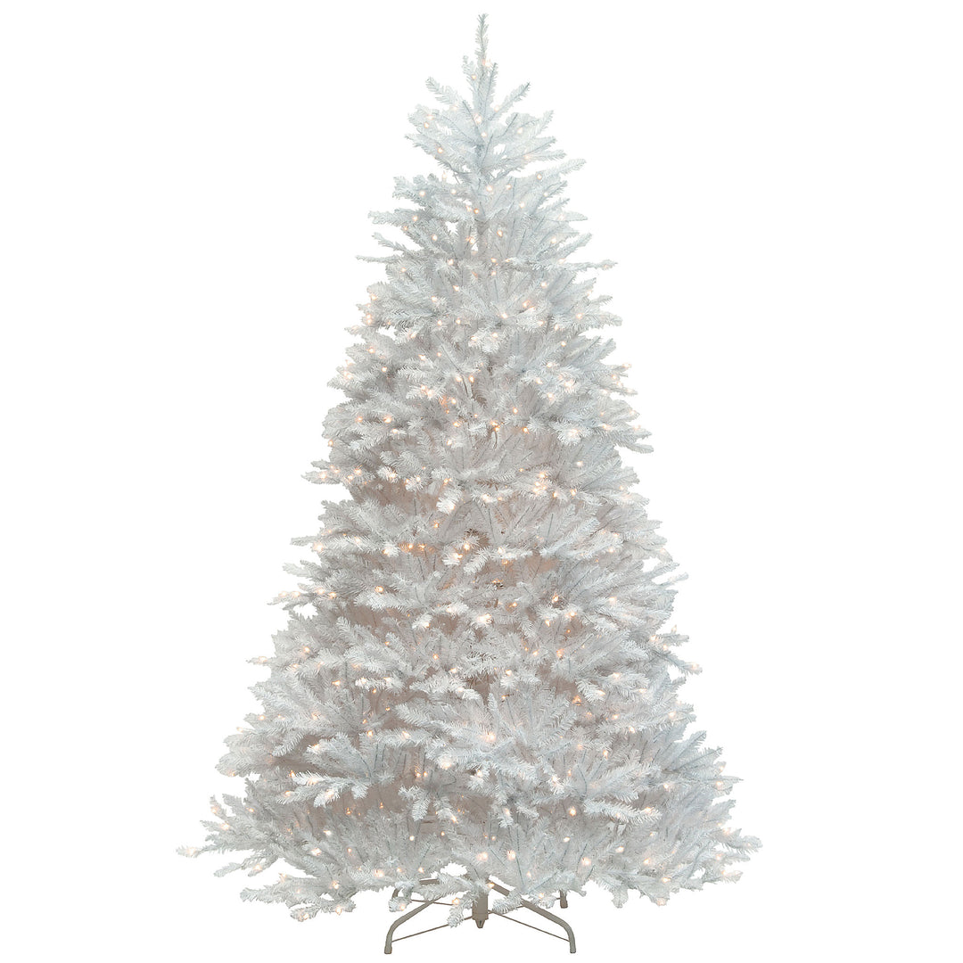 Pre-Lit Artificial Full Christmas Tree, White, Dunhill Fir, White Lights, Includes Stand, 7.5 Feet