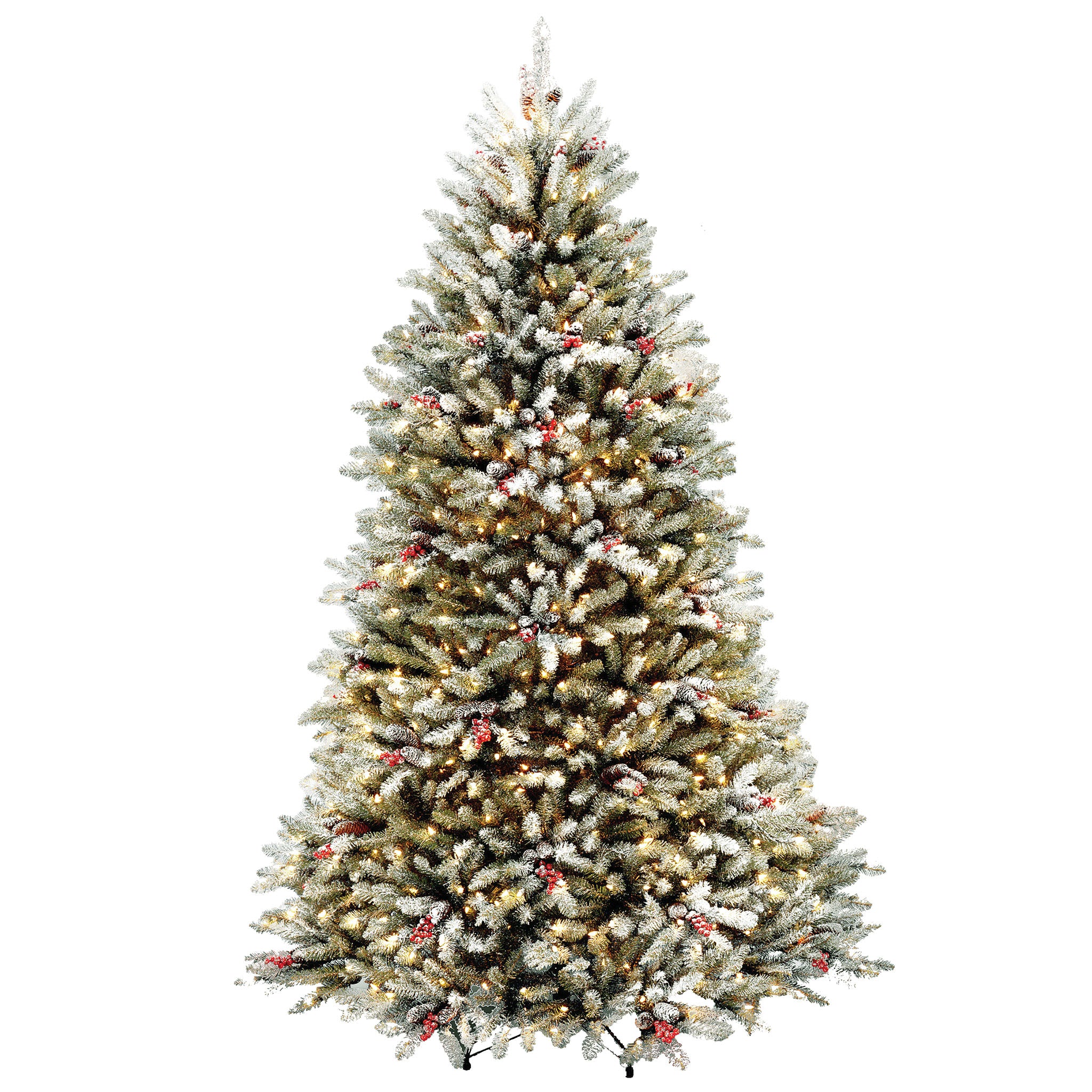 Pre-Lit Artificial Full Christmas Tree, Green, Dunhill Fir, White Lights, Decorated with Pine Cones, Berry Clusters, Frosted Branches, Includes Stand, 7.5 Feet