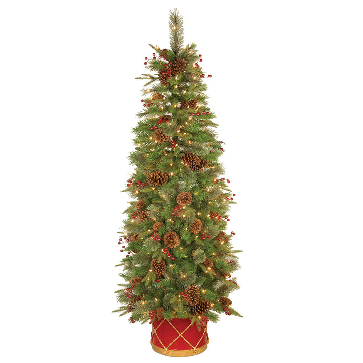 Pre-Lit Artificial Entrance Christmas Tree, Colonial Fir, Green, White Lights, Decorated with Flowers, Includes Metal Base, 6 Feet