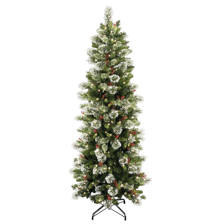 Pre-Lit Artificial Slim Christmas Tree, Wintry Pine, Green, White Lights, Decorated with Pine Cones, Includes Stand, 7.5 Feet