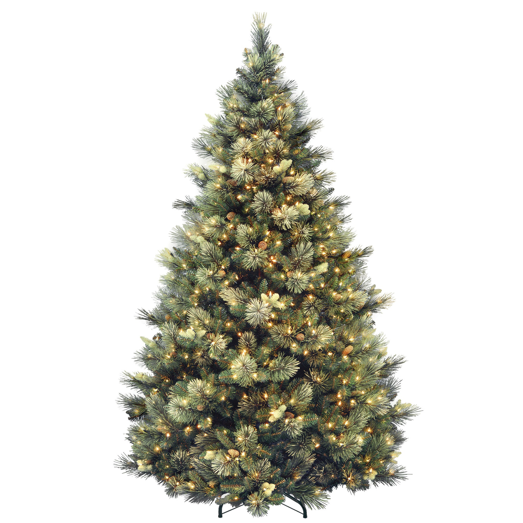 Pre-Lit Artificial Full Christmas Tree, Green, Carolina Pine, White Lights, Includes Stand, 7.5 feet