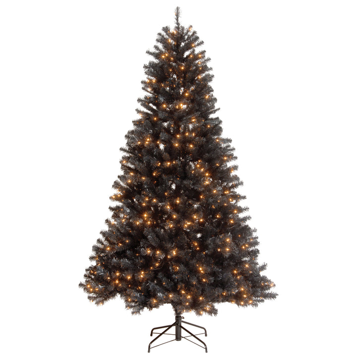 Halloween Pre-Lit Artificial Full Christmas Tree, Black, North Valley Spruce, White Lights, Includes Stand, 7.5 Feet