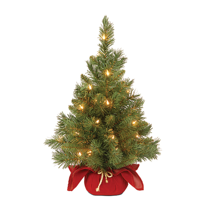 Pre-Lit Artificial Christmas Tree, Majestic Fir, Green, White Lights, Includes Red Cloth Base, 2 Feet
