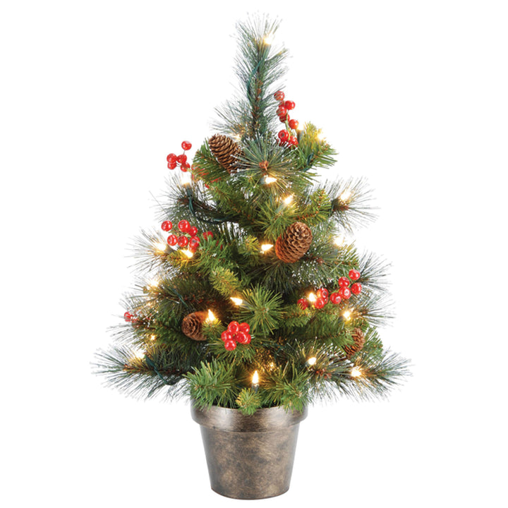 Pre-Lit Artificial Mini Christmas Tree, Green, Crestwood Spruce, White Lights, Decorated with Pine Cones, Berry Clusters, Frosted Branches, Includes Pot Base, 2 Feet