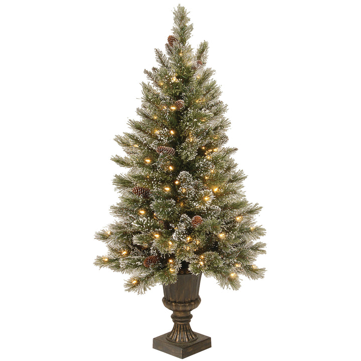 Pre-Lit Artificial Mini Christmas Tree, Green, Glittery Bristle Pine, White LED Lights, Flocked with Pine Cones, Frosted Branches, Includes Decorative Urn Base, 4 Feet