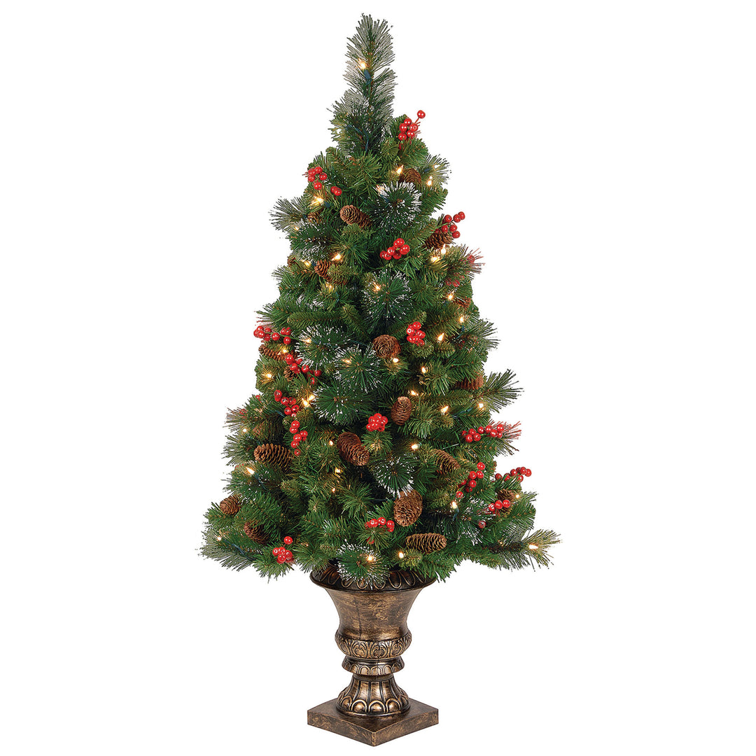 Pre-Lit Artificial Mini Christmas Tree, Green, Crestwood Spruce, White Lights, Decorated with Pine Cones, Berry Clusters, Frosted Branches, Includes Pot Base, 4 Feet