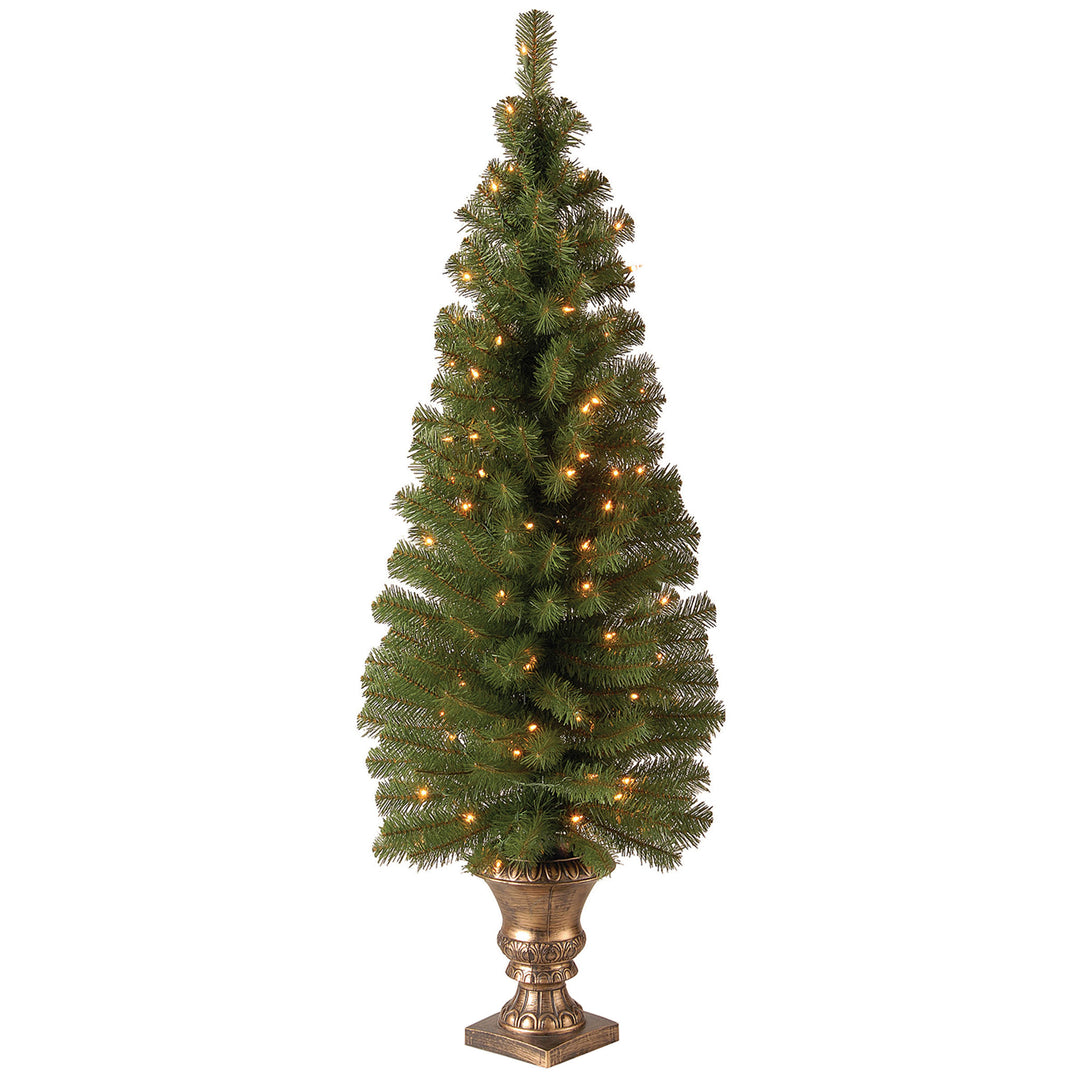 Pre-Lit Artificial Entrance Christmas Tree, Montclair Spruce, Green, White Lights, Includes Metal Base, 4 Feet