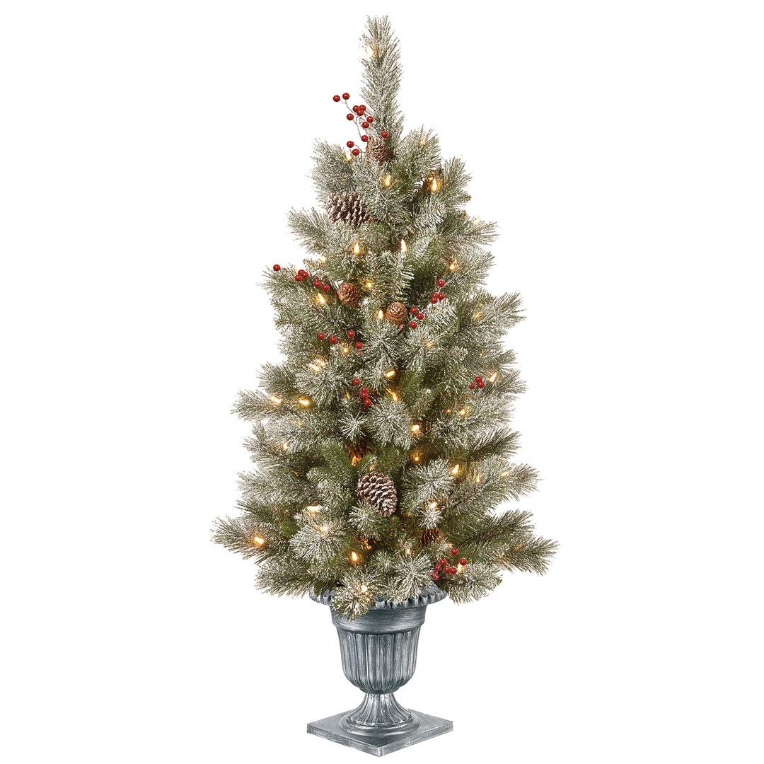 Pre-Lit Artificial Entrance Christmas Tree, Snowy Bristle Berry Pine, Green, White Lights, Decorated with Pine Cones, Includes Metal Base, 4 Feet