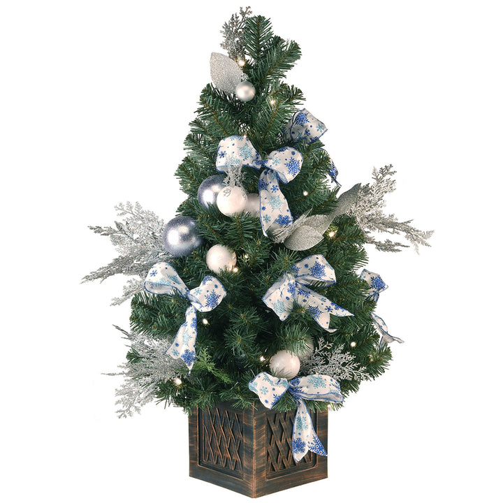 Pre-Lit Artificial Christmas Tree, Ornament, Green, White Lights, Decorated with Pine Cones, Ornaments, Includes Pot Base, 4 Feet