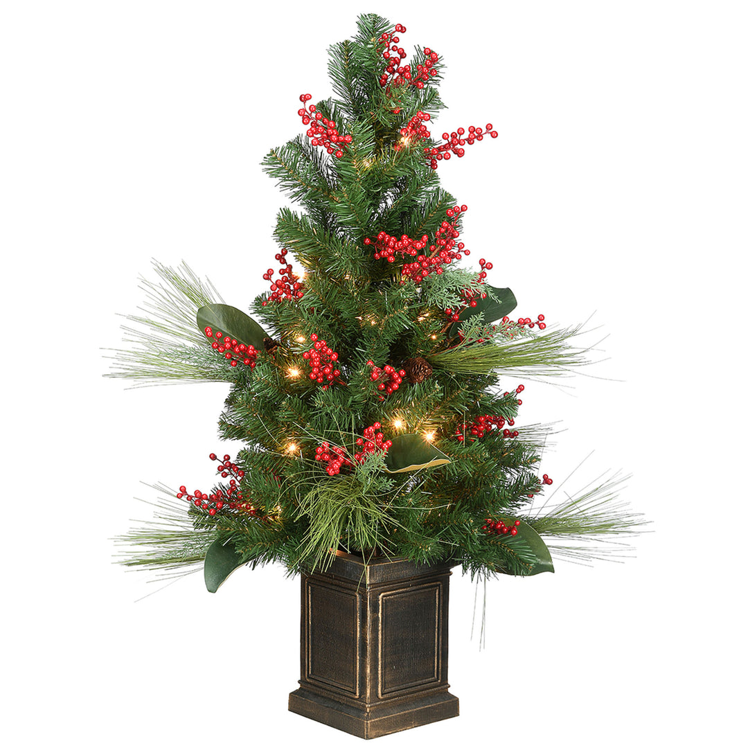 Pre-Lit Artificial Christmas Tree, Ornament, Green, White Lights, Decorated with Berry Clusters, Includes Pot Base, 4 Feet