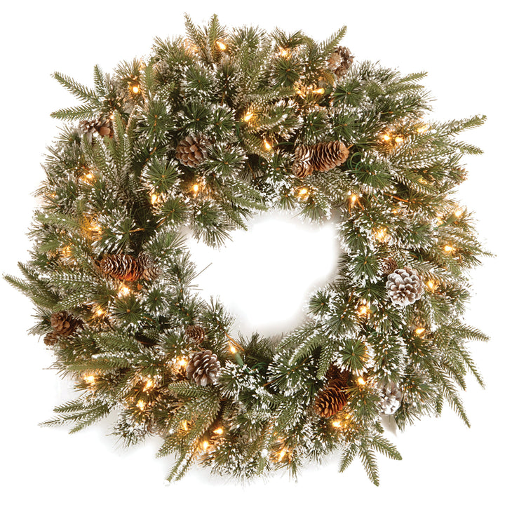 Pre-Lit 'Feel Real' Artificial Christmas Wreath, Green, Liberty Pine, White Lights, Decorated with Frosted Branches, Pine Cones, Christmas Collection, 24 Inches