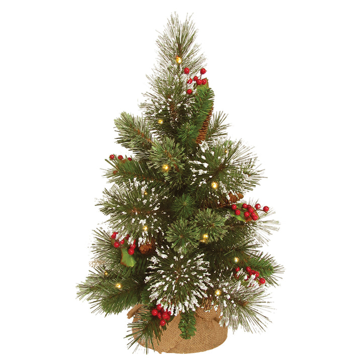 Pre-Lit Artificial Christmas Tree, Green, Wintry Pine, White LED Lights, Decorated with Pine Cones, Berry Clusters, Includes Cloth Bag Base, Battery Operated, 18 Inches