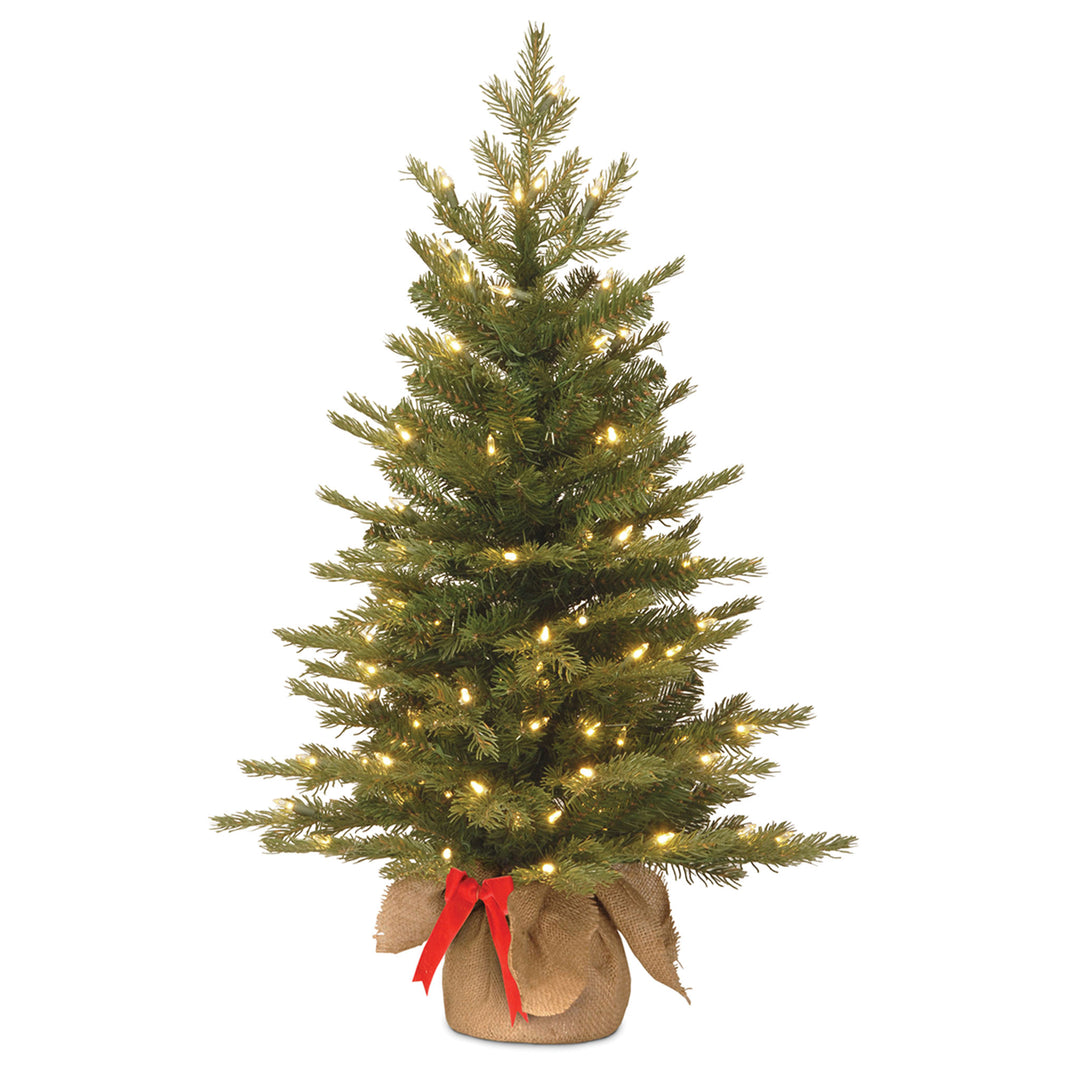Pre-Lit 'Feel Real' Artificial Mini Christmas Tree, Green, Nordic Spruce, White Lights, Includes Burlap Bag Base, 3 Feet