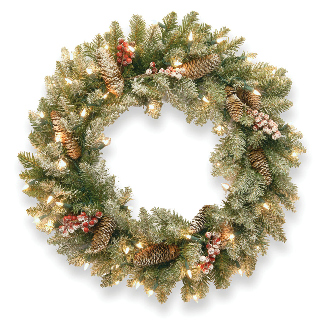 Pre-Lit Artificial Christmas Wreath, Green, Dunhill Fir, White Lights, Decorated with Pine Cones, Frosted Branches, Berry Clusters, Christmas Collection, 24 Inches