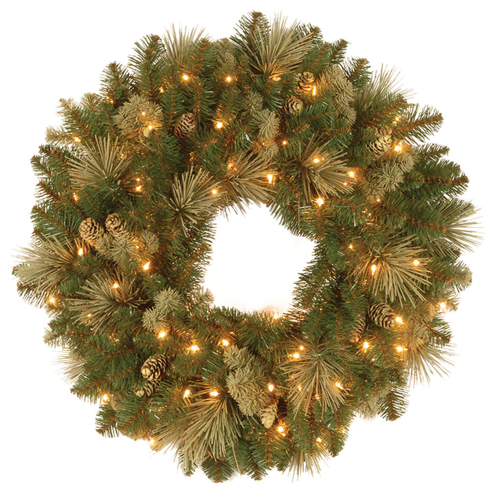 Pre-Lit Artificial Christmas Wreath, Green, Carolina Pine, White Lights, Decorated with Pine Cones, Christmas Collection, 24 Inches