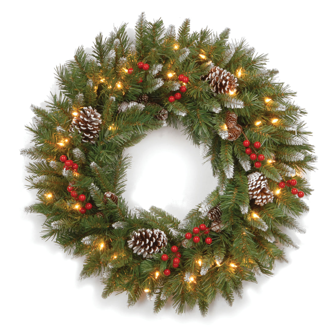 Pre-Lit Artificial Christmas Wreath, Green, Frosted Berry, White Lights, Decorated with Pine Cones, Berry Clusters, Frosted Branches, Christmas Collection, 24 Inches