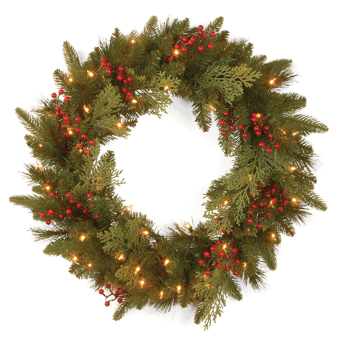Pre-Lit 'Feel Real' Artificial Christmas Wreath, Green, Classical, White Lights, Decorated with Berry Clusters, Christmas Collection, 24 Inches