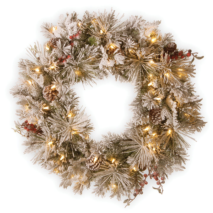 Pre-Lit Artificial Christmas Wreath, Green, Snowy Bedford Pine, White Lights, Decorated with Pine Cones, Berry Clusters, Frosted Branches, Christmas Collection, 30 Inches