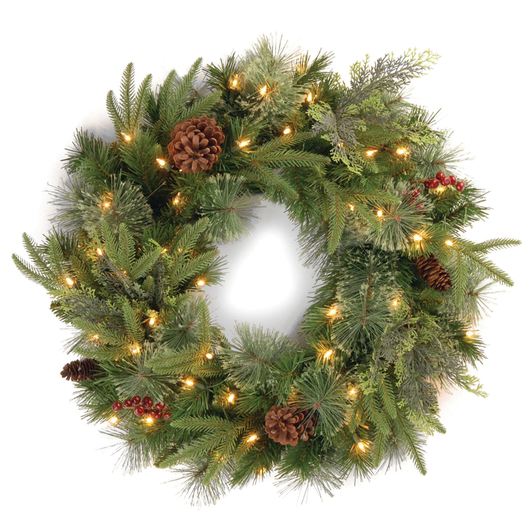Pre-Lit Artificial 'Feel Real' Christmas Wreath, Green,  Colonial Fir, White Lights, Decorated with Berry Clusters, Pine Cones, Christmas Collection, 30 Inches