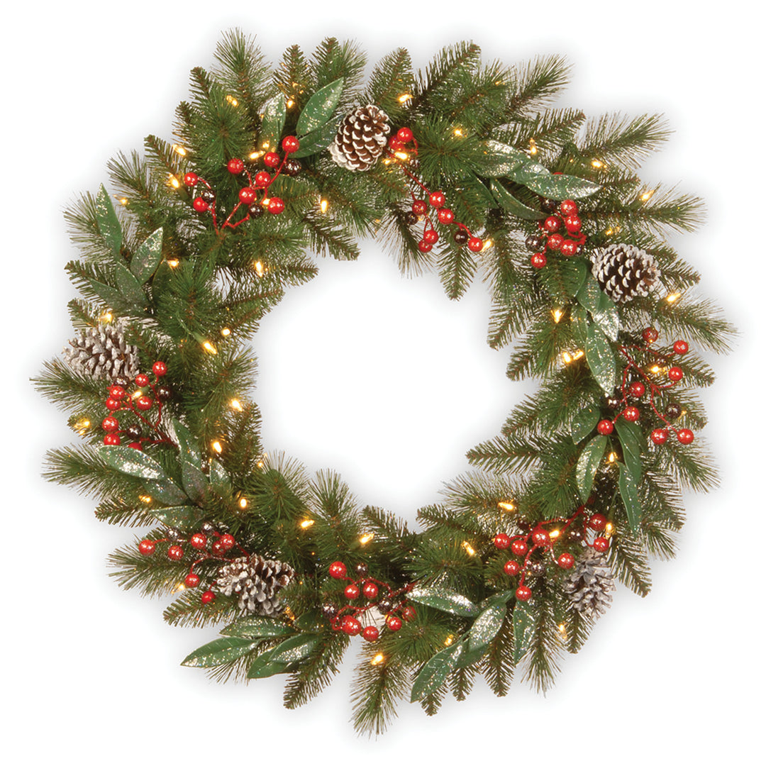 Pre-Lit Artificial Christmas Wreath, Green, Frosted Pine, White Lights, Decorated with Pine Cones, Berry Clusters, Frosted Branches, Christmas Collection, 30 Inches
