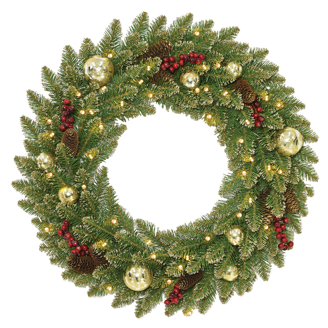 Pre-Lit Artificial Christmas Wreath, Green, Dunhill Fir, White Lights, Decorated with Frosted Branches, Pine Cones, Red Berries, Ball Ornaments, Christmas Collection, 24 Inches
