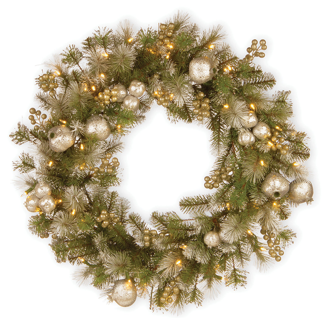 Pre-Lit Artificial Christmas Wreath, Green, Glittery Pomegranate Pine, White Lights, Decorated with Pomegranates, Berry Clusters, Christmas Collection, 30 Inches