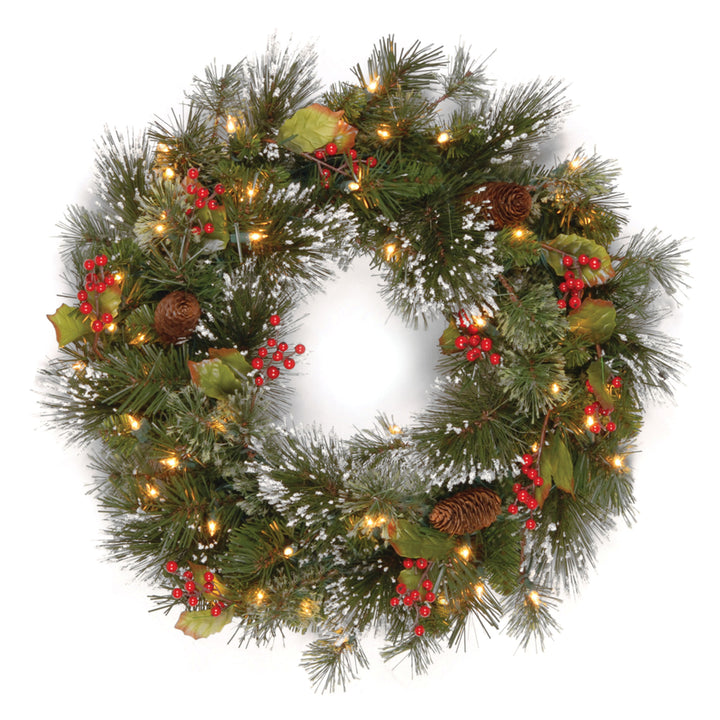 Pre-Lit Artificial Christmas Wreath, Green, Crestwood Spruce, White Lights, Decorated with Pine Cones, Berry Clusters, Frosted Branches, Christmas Collection, 24 Inches