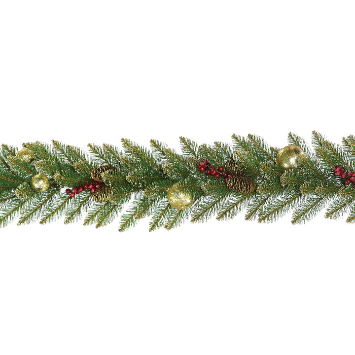 National Tree Company Pre-Lit Artificial Christmas Garland, Green, Dunhill Fir, Decorated With Pine Cones, Frosted Branches, Berry Clusters, Battery Operated, Christmas Collection, 9 Feet