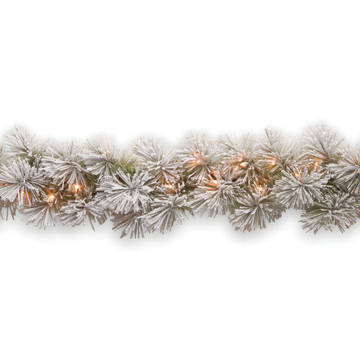 National Tree Company Pre-Lit Artificial Christmas Garland, Green, Glittery Bristle Pine, White Lights, Decorated With Frosted Branches, Plug In, Christmas Collection, 9 Feet