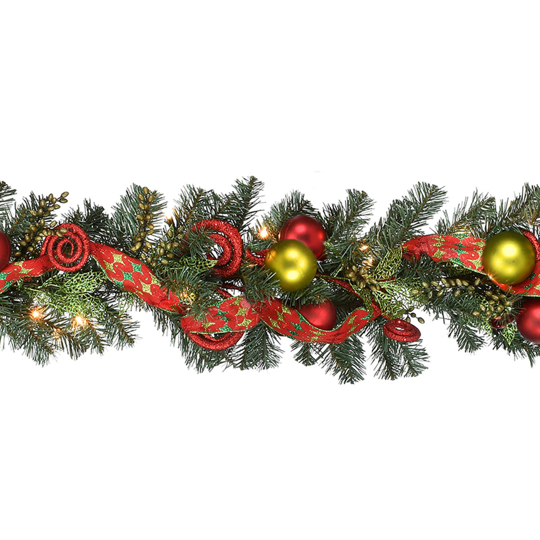 National Tree Company Pre-Lit Artificial Christmas Garland, Green, Evergreen, Decorated With Berry Clusters, Ribbon, Ball Ornaments, Plug In, Christmas Collection, 9 Feet