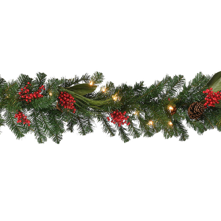 National Tree Company Pre-Lit Artificial Christmas Garland, Green, Magnolia, Decorated With Berry Clusters, Pine Cones, Plug In, Christmas Collection, 9 Feet